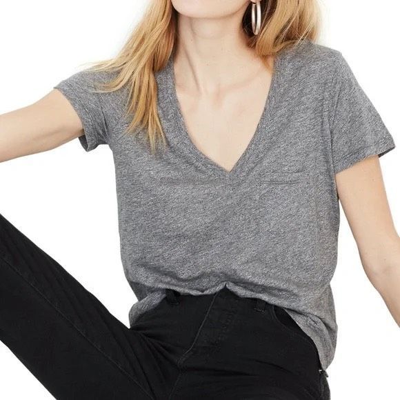 MADEWELL Women’s Heather Gray Short Sleeve Whisper Cotton V-Neck Tee Shirt Top S - Picture 2 of 7